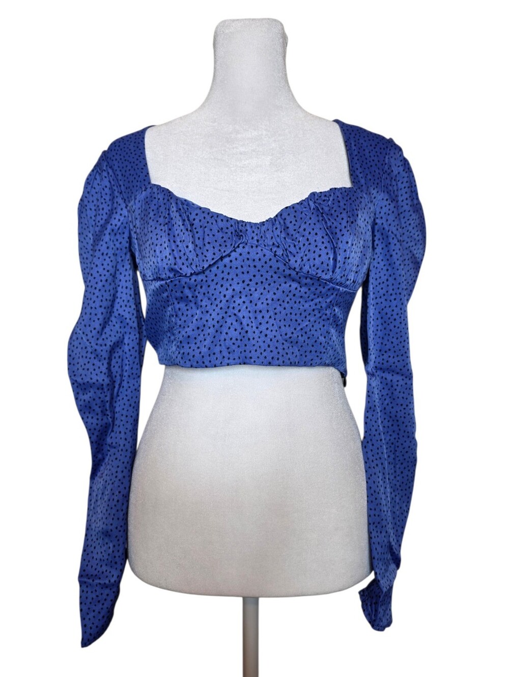 Zara Womens Blue/Black Satin Polka Dot Cropped Blouse Sweetheart Puff Sleeve S